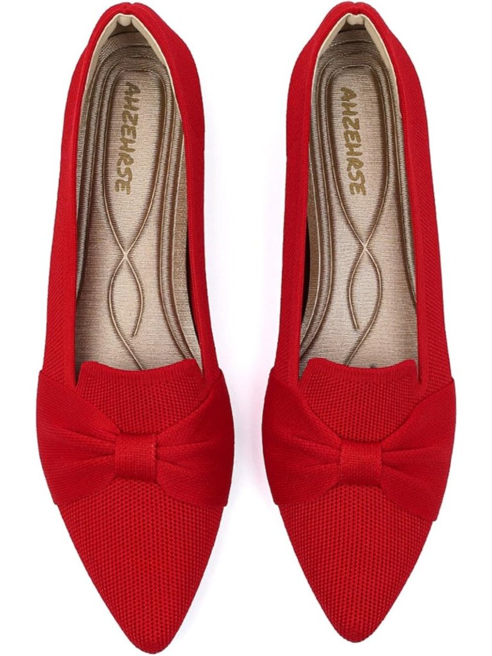Women's Red Pointed Toe Ballet Flats Comfortable Knit Dressy Bow Flats Shoes